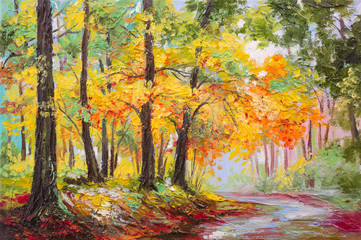 Fototapeta na wymiar Oil painting landscape - colorful autumn forest