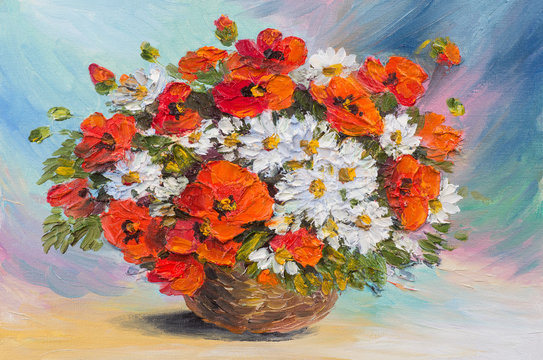 Oil painting still life, abstract watercolor bouquet of poppies and daisies