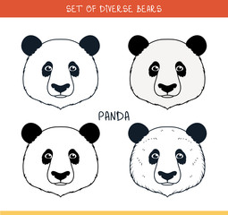 Panda bear. Set isolated face, heads bear in color, lines