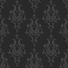 Black 3d Floral Damask Seamless Pattern