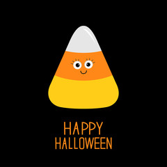 Funny candy corn with face. Happy Halloween card. Baby background. Flat design.