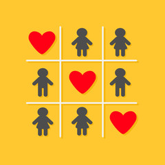 Man Woman icon Tic tac toe game. Three red big heart sign Yellow background Flat design