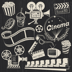 Hand-drawn Retro Cinema Illustrations in chalkboard Style