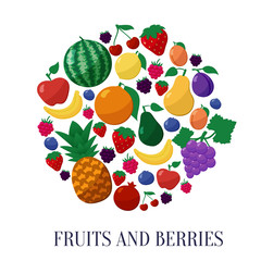 Vector Fruits and Berries Flat Style Icons Set in Circle Shape Isolated over White Background