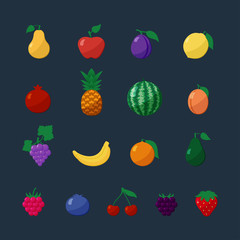 Vector Icons Fruits and Berries in Flat Style Set Isolated over Dark Background