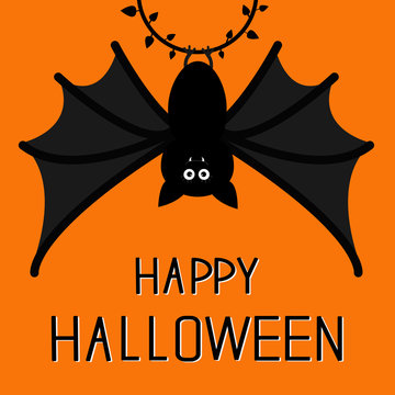 Cute bat hanging on the ring with leafs. Happy Halloween card.  Flat design. Orange background.
