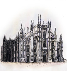 the Milan cathedral Dome watercolor hand drawing, arhitectural buillding  isolated on the white background.  - 93531403