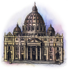 the watercolor cathedral of St.Peter's basilica in Rome