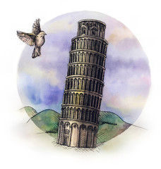 the Piza tower watercolor hand drawing, famouse arhitectural buillding isolated on the white background. 