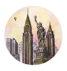 the New York with freedom monument watercolor hand drawing, famouse arhitectural buillding isolated on the white background.  - 93531457