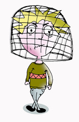 Figur mit Drahtgestell über dem Kopf