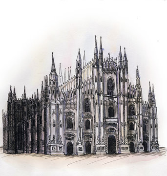 the Milan cathedral Dome watercolor hand drawing, arhitectural buillding  isolated on the white background. 
