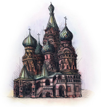 the Moscow red square watercolor hand drawing, famouse arhitectural buillding isolated on the white background. 