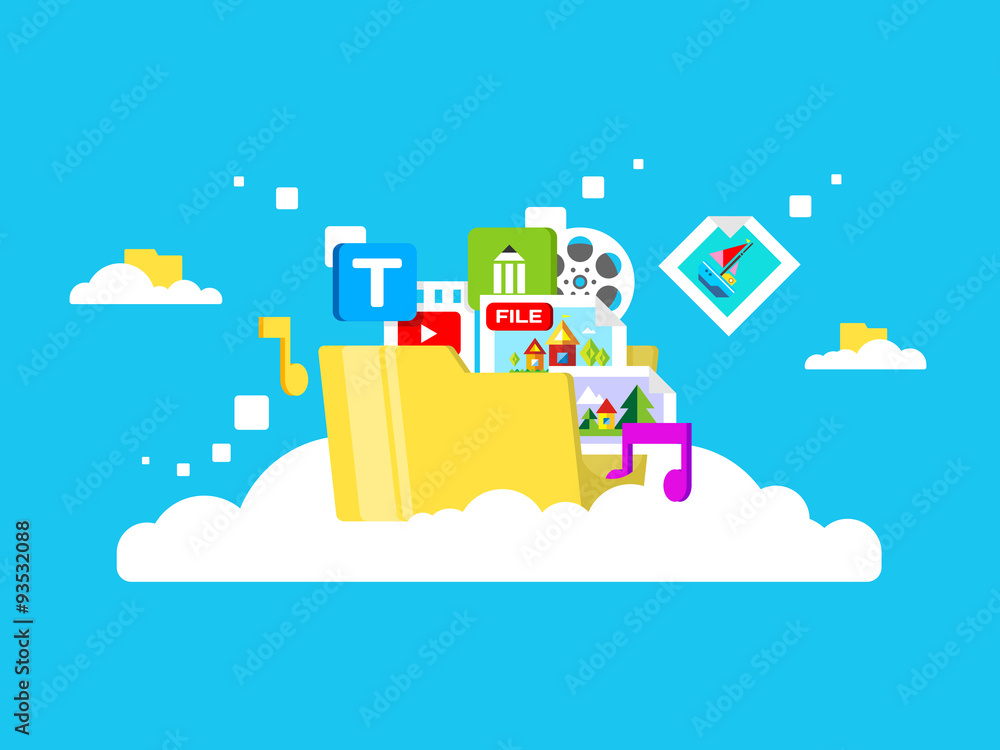 Poster cloud storage, folder with files of different formats