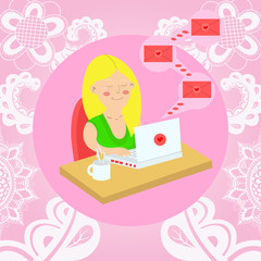 girl sitting with a laptop at the table and gets love letters. v