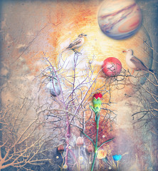 Fantasy landscape with bewitched tree,birds and red carnation © Rosario Rizzo