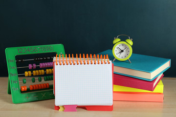 School equipment on wooden table
