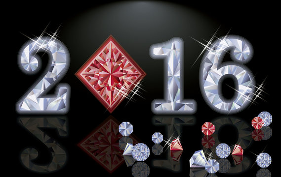 Happy 2016 New year ruby poker diamonds, vector illustration