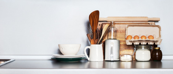 Plakat Kitchen Still life as background for Design. Rustic Dishes, Table ware, Fresh Grocery. Copy space