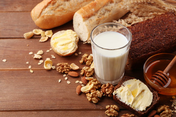 Healthy breakfast with bread, honey, nuts. Country breakfast concept