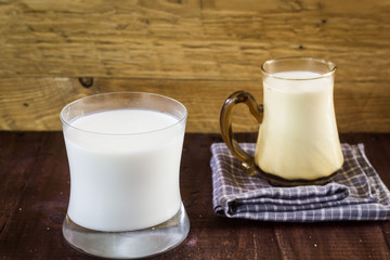 glass of milk on wooden background