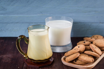 Cookies and a glass of milk on a wooden background