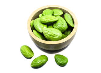Parkia speciosa in wooden bowl   isolated on white background