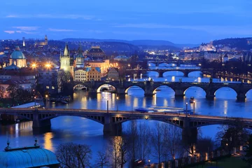 Fototapeten Prag   Colorful evening Prague City with its Bridge sabove River Vltava, Czech Republic    © Kajano