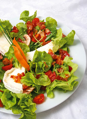 A salad with fresh vegetables bacon and goat cheese