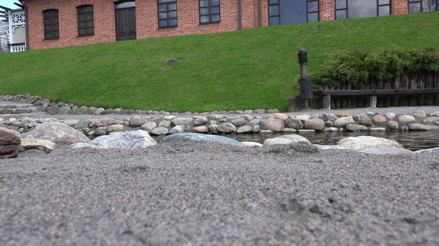 Couple of mating toads walk near brook water flow in park. Toad bufonidae bufo natterjack hoptoad amphibia animals mate time. Static shot. 4K UHD video clip.
