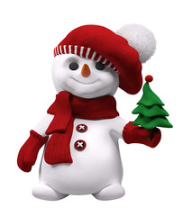 Snowman with new year tree in hand isolated 3d rendering