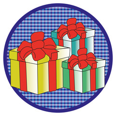 Three presents in dark blue button on white background