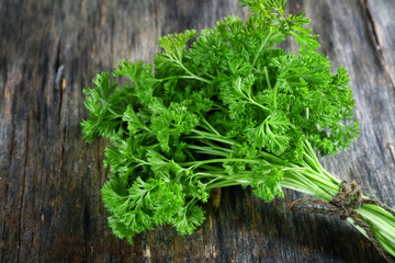Fresh green parsley on wooden background