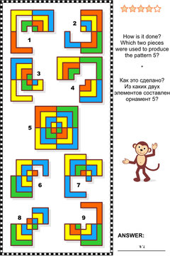 IQ Training Abstract Visual Puzzle: How Is It Done? Which Two Pieces Were Used To Produce The Pattern 5? Answer Included.
