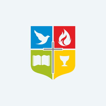 Church logo. Shield, cross, red, blue, red, green, color blocks, Bible, chalice, dove, flame