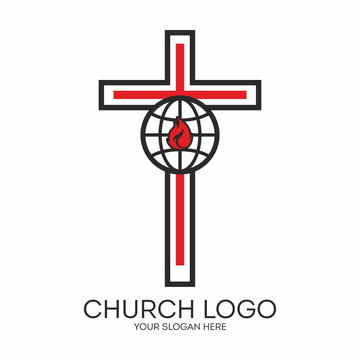Church logo. Cross, globe, red, black, flame, missions, icon