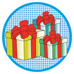 Three presents in light blue button on white background