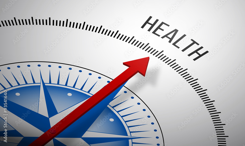 Poster 3d rendering of a compass with a health icon.