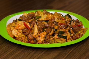 Basil fried with chicken innards / Thai food.