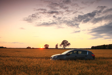 SUV in a wheat field sunset