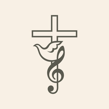 Church logo. Worship music, music, key, G cleft, dove, cross, icon