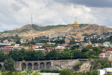 Naklejka premium View of the Holy Trinity Cathedral Tsminda Sameba in Tbilisi, Georgia.