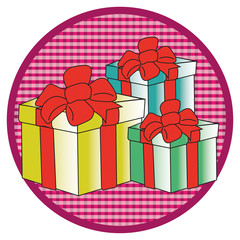 Three presents in pink button on white background