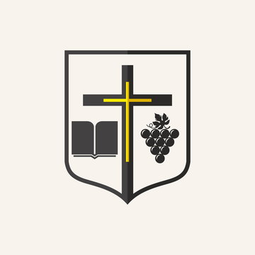 Church logo. Cross, shield, Bible, grapes, icon