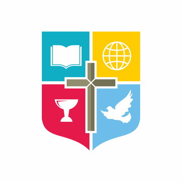 Church logo. Color blocks, chalice, cross, dove, Bible, globe, missions, shield, icon