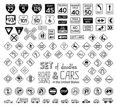 Vector set of doodles road signs in the United States and cars.