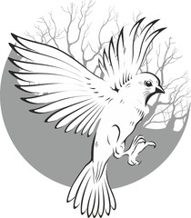 Dove silhouette. Tattoo style. Moon with tree background.
