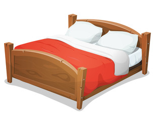 Wood Double Bed With Red Blanket - 93544617