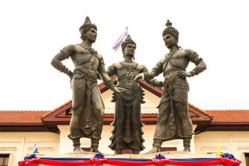 The sculpture of three kings monument in town which is a symbol of Chiang Mai province, Thailand.