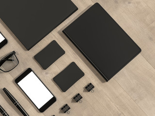 Set of mockup elements on the wood table. Mockup business template